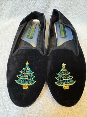 Vtg Basic Editions Christmas Tree Velvet Loafers Flats Slippers Black Womens 10